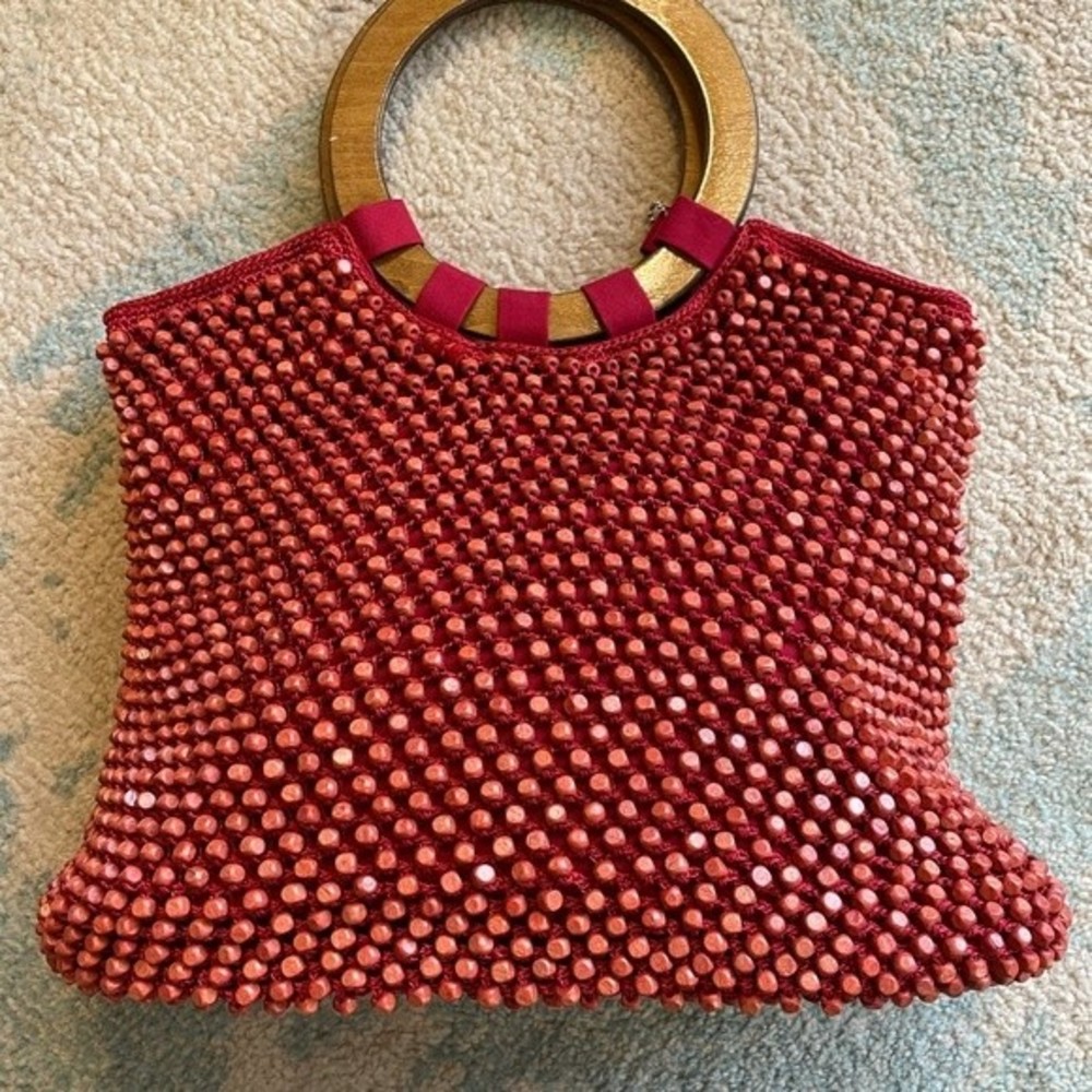 The Sak Pink Beaded Handbag with Gold Tone Ring Handles - Picture 2 of 6